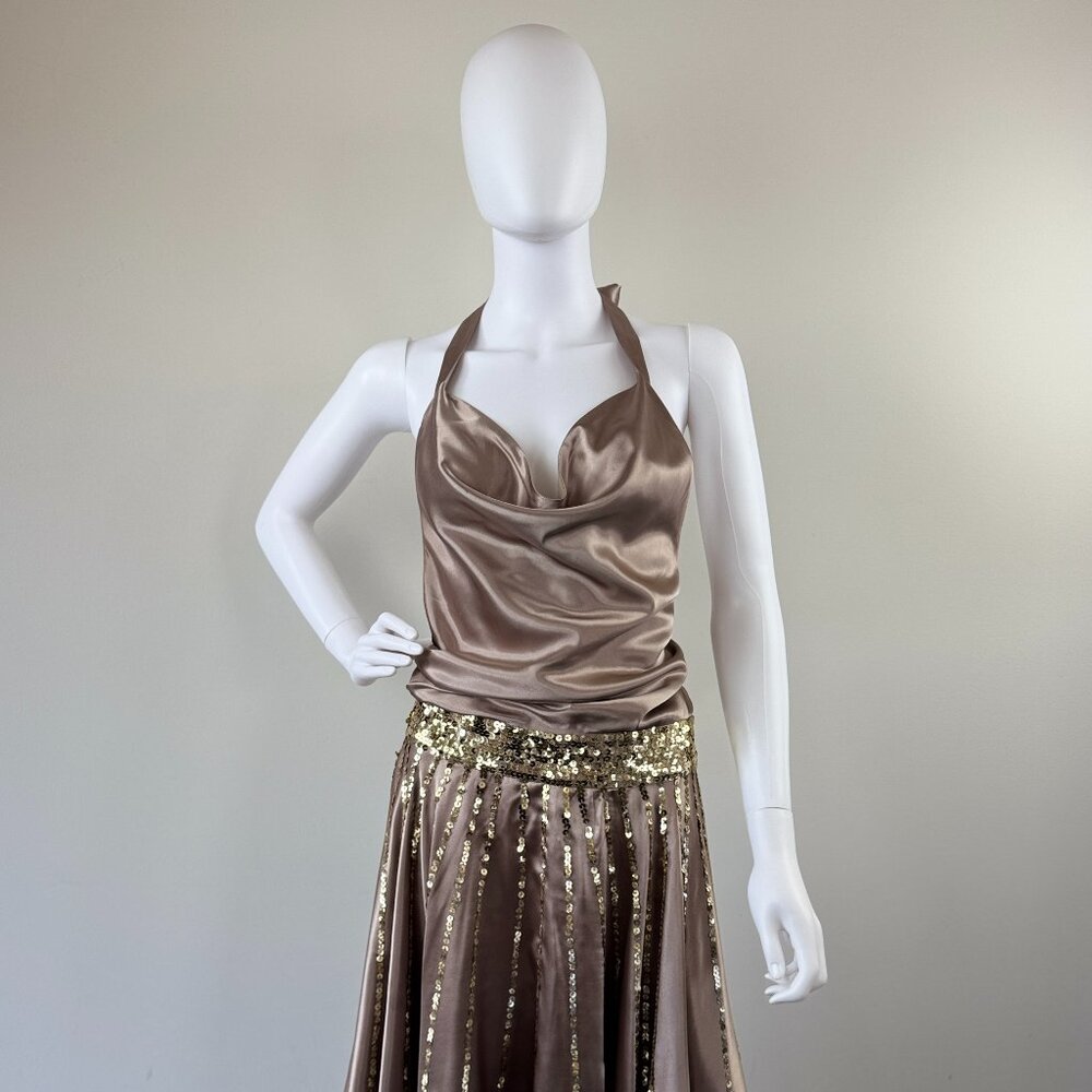 Chloe Silk Taupe Halter Dress with Sequins